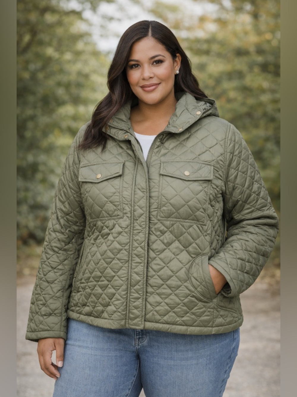 Snobbish Collection Quilted Hooded Jacket 2X Olive Lightweight Coat new with tag